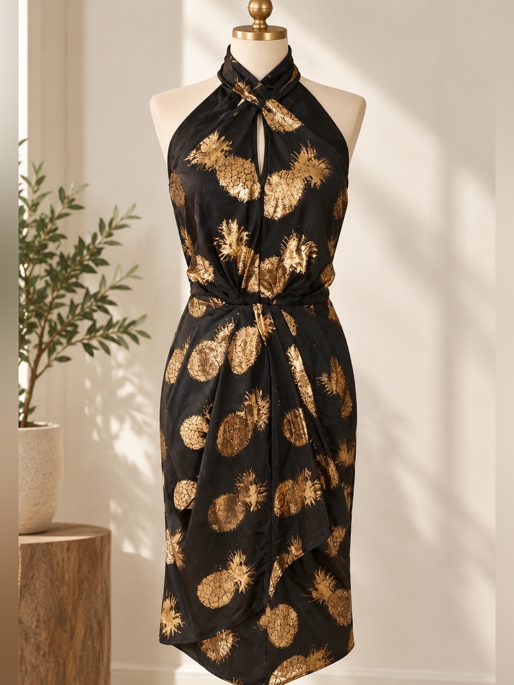 NWT E3 by Etcetera Amity Black Gold Metallic Pineapple Halter Dress 4